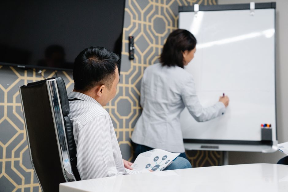 Business professionals engaging in a collaborative meeting using a whiteboard for brainstorming.